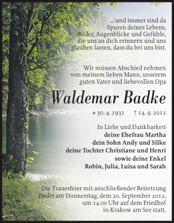 Traueranzeige von Waldemar Badke von Güstrower Anzeiger