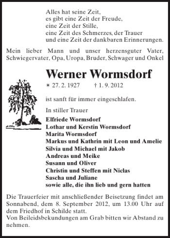 Traueranzeige von Werner Wormsdorf von Der Prignitzer