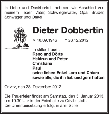 Traueranzeige von Dieter Dobbertin von Zeitung für die Landeshauptstadt