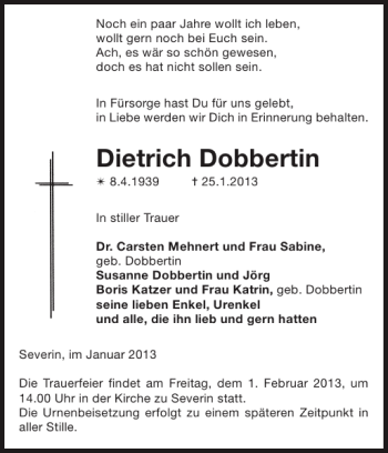 Traueranzeige von Dietrich Dobbertin von Parchimer Zeitung