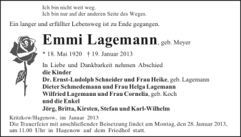 Traueranzeige von Emmi Lagemann von Hagenower Kreisblatt