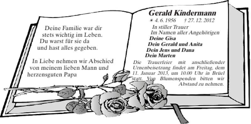  Traueranzeige für Gerald Kindermann vom 05.01.2013 aus Anzeiger für Sternberg - Brüel - Warin