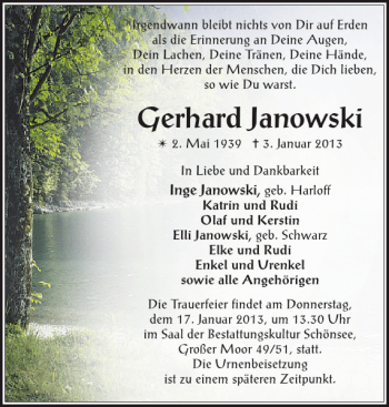 Traueranzeige von Gerhard Janowski von Zeitung für die Landeshauptstadt