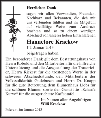 Traueranzeige von Hannelore Krackow von Gadebusch-Rehnaer Zeitung