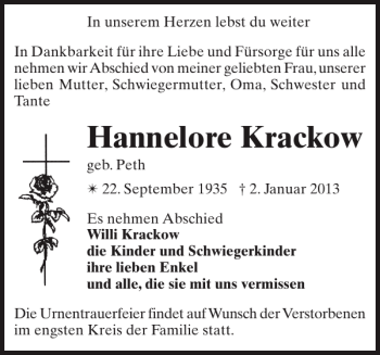 Traueranzeige von Hannelore Krackow von Gadebusch-Rehnaer Zeitung