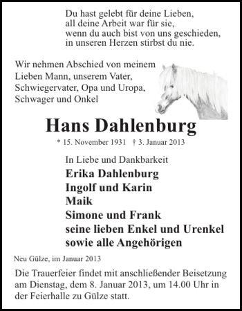 Traueranzeige von Hans Dahlenburg von Hagenower Kreisblatt