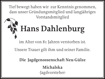 Traueranzeige von Hans Dahlenburg von Hagenower Kreisblatt