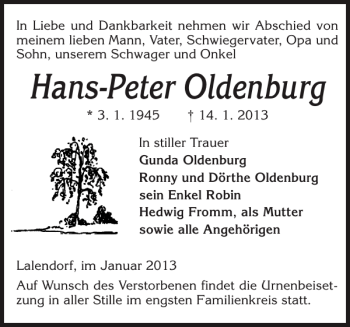 Traueranzeige von Hans-Peter Oldenburg von Norddeutsche Neueste Nachrichten