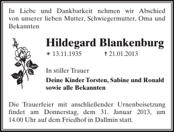 Traueranzeige von Hildegard Blankenburg von Der Prignitzer