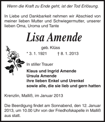 Traueranzeige von Lisa Amende von Ludwigsluster Tageblatt