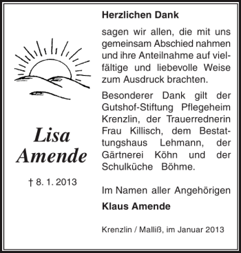 Traueranzeige von Lisa Amende von Ludwigsluster Tageblatt