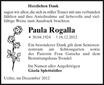 Traueranzeige von Paula Rogalla von Zeitung für die Landeshauptstadt