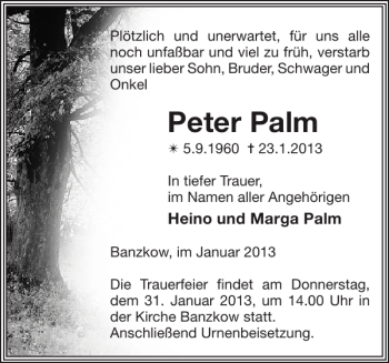 Traueranzeige von Peter Palm von Zeitung für die Landeshauptstadt