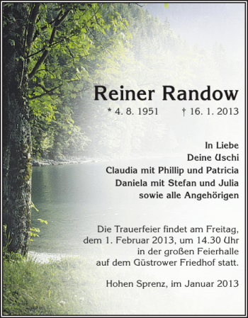 Traueranzeige von Reiner Randow von Güstrower Anzeiger