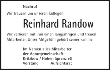 Traueranzeige von Reinhard Randow von Güstrower Anzeiger