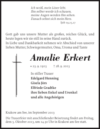 Traueranzeige von Amalie Erkert von Güstrower Anzeiger