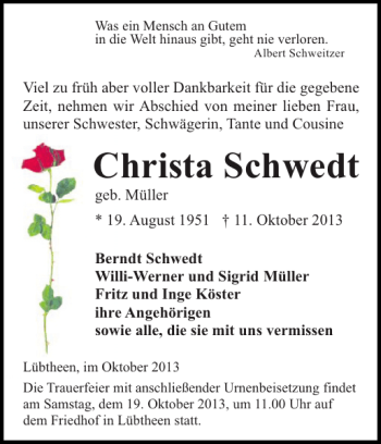 Traueranzeige von Christa Schwedt von Hagenower Kreisblatt