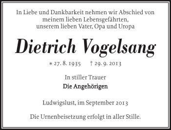 Traueranzeige von Dietrich Vogelsang von Ludwigsluster Tageblatt