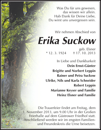 Traueranzeige von Erika Suckow von Güstrower Anzeiger