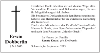 Traueranzeige von Erwin Dobbertin von Zeitung für die Landeshauptstadt