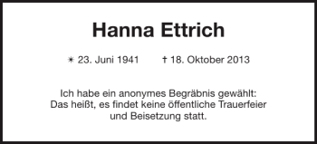 Traueranzeige von Hanna Ettrich von Bützower Zeitung