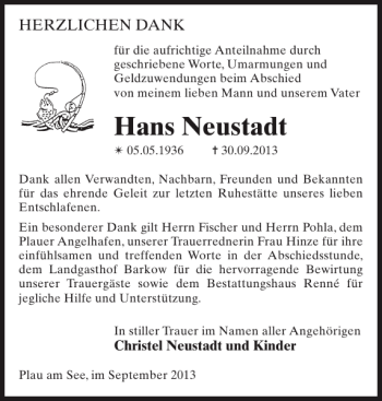 Traueranzeige von Hans Neustadt von Zeitung für Lübz - Goldberg - Plau