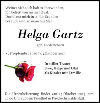 Traueranzeige von Helga Gartz von Der Prignitzer