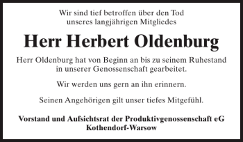 Traueranzeige von Herbert Oldenburg von Zeitung für die Landeshauptstadt