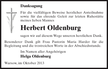 Traueranzeige von Herbert Oldenburg von Zeitung für die Landeshauptstadt