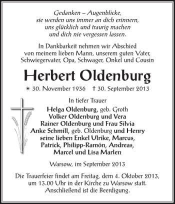 Traueranzeige von Herbert Oldenburg von Zeitung für die Landeshauptstadt