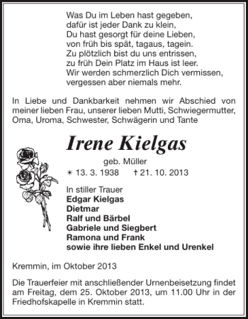 Traueranzeige von Irene Kielgas von Ludwigsluster Tageblatt