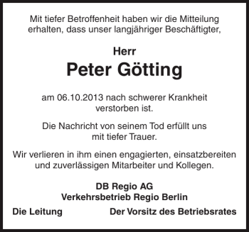 Traueranzeige von Peter Götting von Der Prignitzer