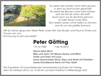 Traueranzeige von Peter Götting von Der Prignitzer