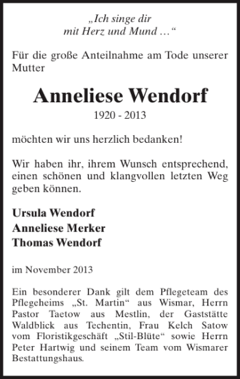 Traueranzeige von Anneliese Wendorf von Zeitung für Lübz - Goldberg - Plau