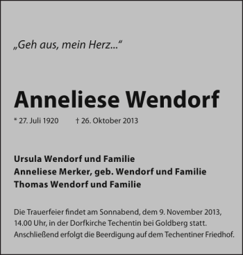 Traueranzeige von Anneliese Wendorf von Parchimer Zeitung