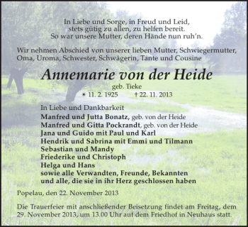 Traueranzeige von Annemarie von der Heide von Hagenower Kreisblatt