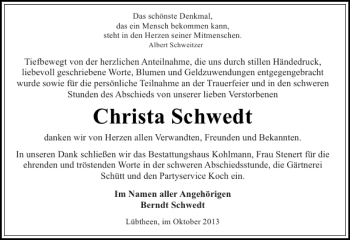 Traueranzeige von Christa Schwedt von Hagenower Kreisblatt