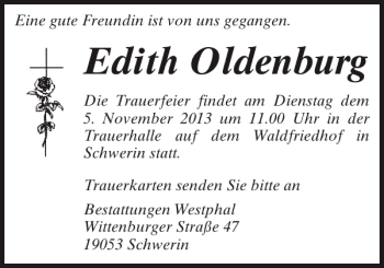 Traueranzeige von Edith Oldenburg von Zeitung für die Landeshauptstadt