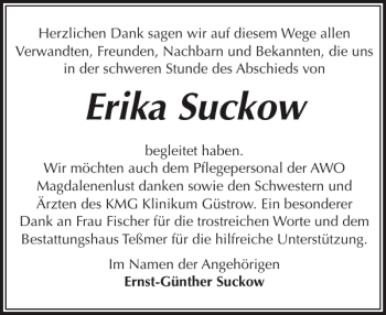 Traueranzeige von Erika Suckow von Güstrower Anzeiger