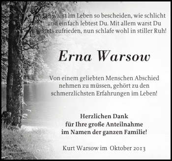 Traueranzeige von Erna Warsow von Zeitung für die Landeshauptstadt