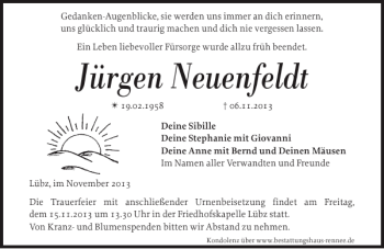 Traueranzeige von Jürgen Neuenfeldt von Zeitung für Lübz - Goldberg - Plau