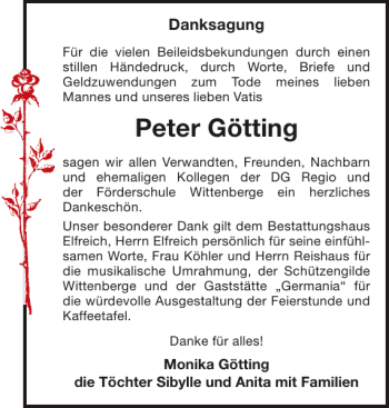 Traueranzeige von Peter Götting von Der Prignitzer