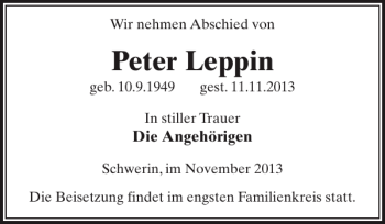 Traueranzeige von Peter Leppin von Zeitung für die Landeshauptstadt