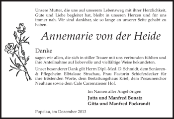 Traueranzeige von Annemarie von der Heide von Hagenower Kreisblatt