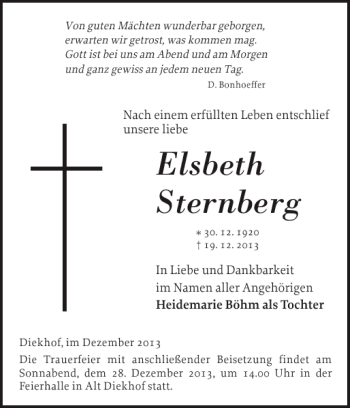 Traueranzeige von Elsbeth Sternberg von Güstrower Anzeiger