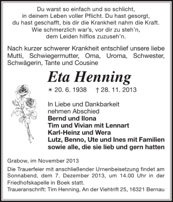 Traueranzeige von Eta Henning von Ludwigsluster Tageblatt