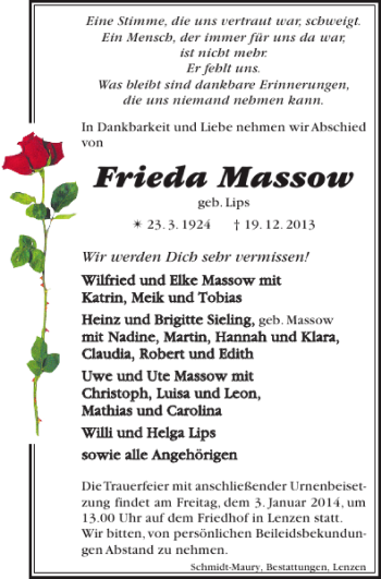 Traueranzeige von Frieda Massow von Der Prignitzer