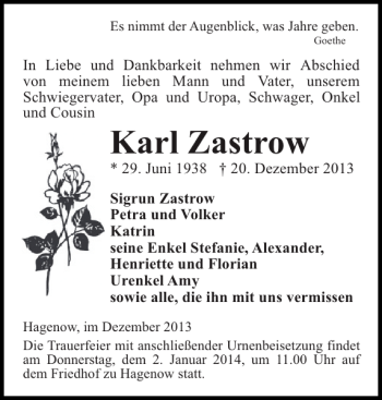 Traueranzeige von Karl Zastrow von Hagenower Kreisblatt