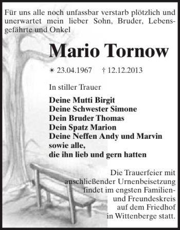 Traueranzeige von Mario Tornow von Der Prignitzer