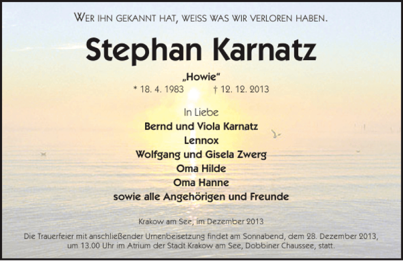  Traueranzeige für Stephan Karnatz vom 21.12.2013 aus Güstrower Anzeiger